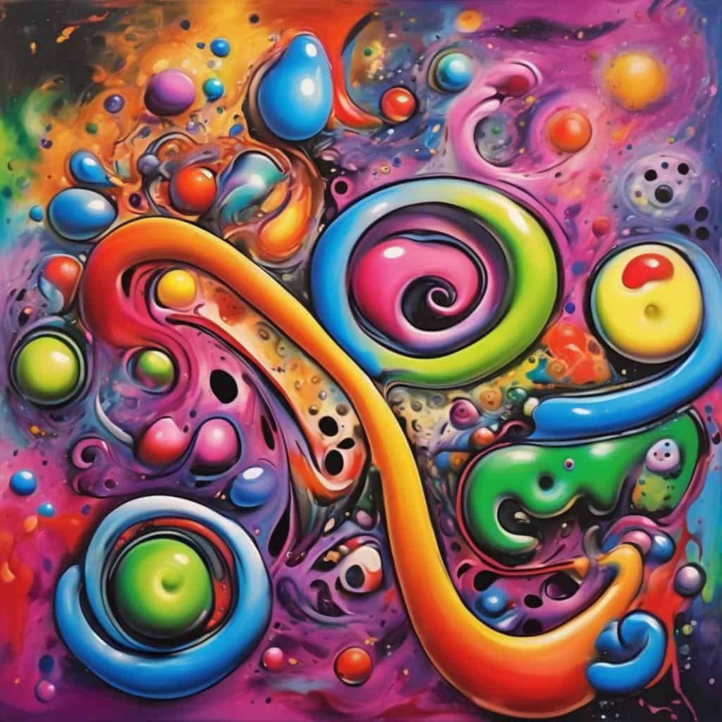 Ζωγραφική με αφηρημένα και μοντέρνα ρεύματα στην τέχνη, φωτεινά χρώματα, γεωμετρικά σχήματα και σύγχρονη αισθητική, ιδανική για διακόσμηση και τέχνη του δρόμου.