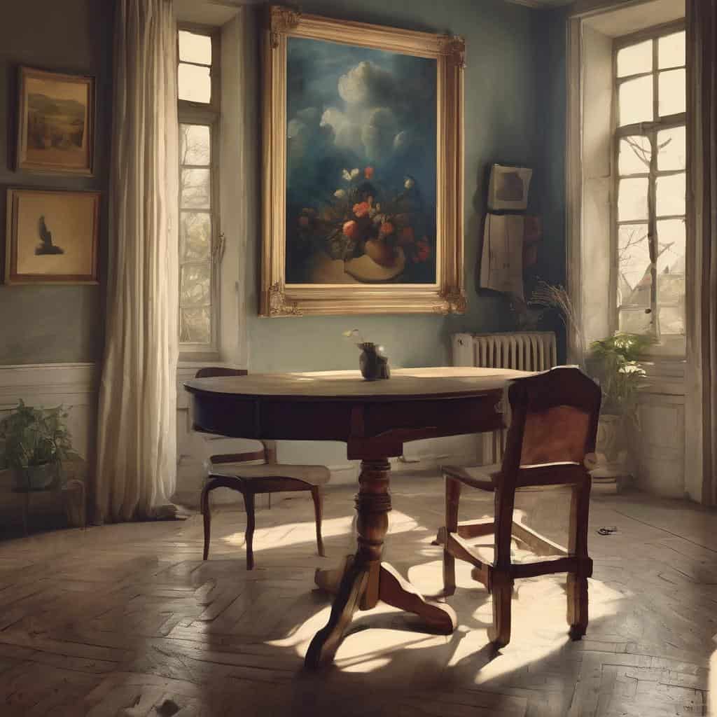 Λιέσες τέχνης στο κλασικό και μοντέρνο ρεύμα, ζωγραφική και εσωτερική διακόσμηση σε vintage στιλ, πίνακες ζωγραφικής και διακόσμηση σε κλασική ατμόσφαιρα, εσωτερικό χώρο με φωτεινά παράθυρα και παλιά έπιπλα.