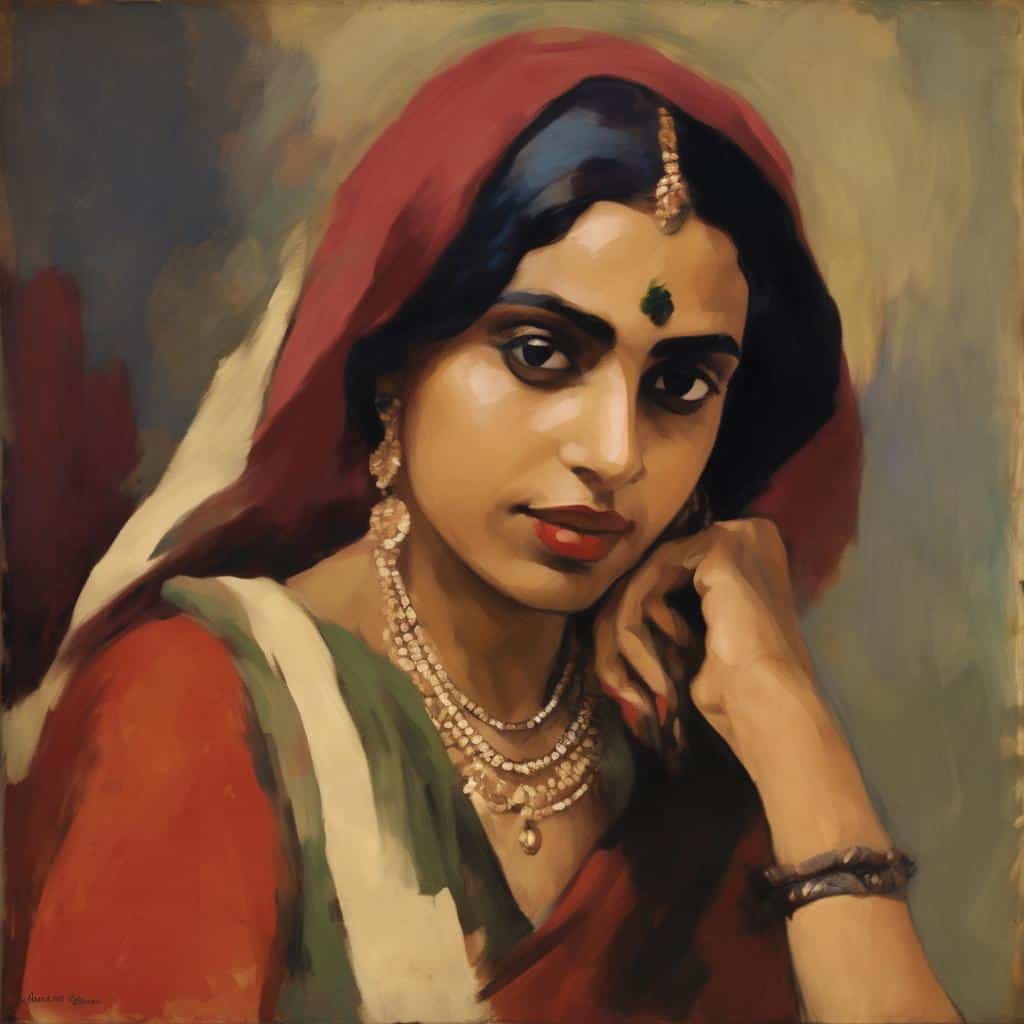 Κλασικά και μοντέρνα ρεύματα στην τέχνη, ζωγραφική πορτρέτου γυναίκας με παραδοσιακές ινδικές διακοσμήσεις και έντονα χρώματα, αναδεικνύοντας την πολιτισμική κληρονομιά και τις τάσεις τέχνης.
