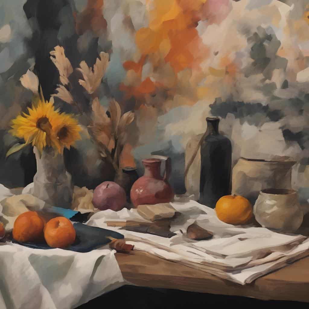 Λιθόγραφη still life σύνθεση με παραδοσιακά και μοντέρνα στοιχεία, αποτυπώνει την τέχνη και το στυλ στην καλλιτεχνική παράδοση, με φρούτα, βάζα και σκοτεινά χρώματα.